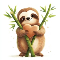 Obraz premium Cute sloth hugging bamboo and holding a heart, symbolizing love and cuteness.