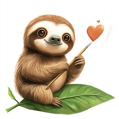 Obraz premium Cute sloth painting a heart on a leaf, showcasing a playful and artistic vibe.
