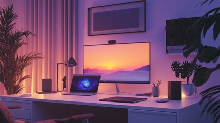 A modern podcast studio with a white desk, a laptop, a professional microphone, and warm ambient lighting.