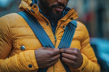 Obraz premium A man wearing a yellow jacket looks down at his cell phone while standing on a city street