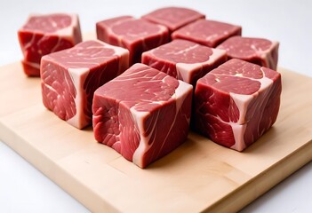 Fresh raw beef slices for goulash on wooden kitchen cutting board