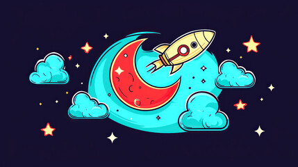 colorful rocket soaring through vibrant night sky with clouds and stars