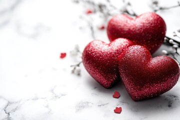 Fototapeta premium A pair of red hearts sits on a table, symbolizing love and affection