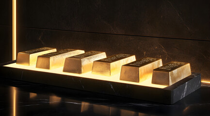 A sleek display of gold bars illuminated against a dark background, emphasizing wealth and luxury.