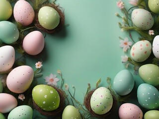 Colorful easter eggs and flowers on pastel green background with copy space