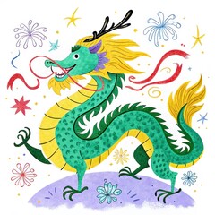 Fototapeta premium A colorful, whimsical dragon dances amidst fireworks and stars, showcasing a joyful celebration with vibrant colors and playful designs.