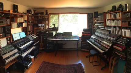 Sunlit home music studio filled with synthesizers, keyboards, recording equipment, books, and speakers.