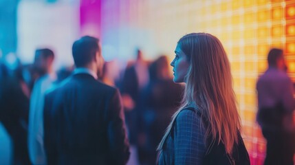 Professionals engage in networking at a tech conference held in a vibrant location