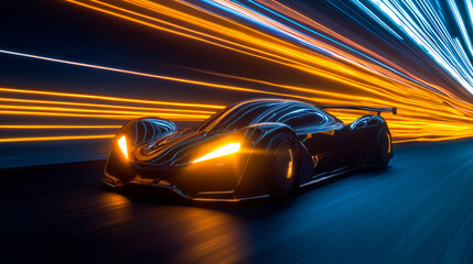 Naklejka premium A sleek futuristic concept car captured in a motion at the tunnel with yellow lights.