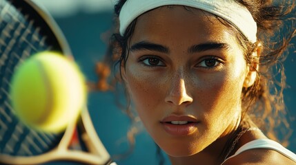 Intense tennis player focusing on the incoming ball during a competitive match