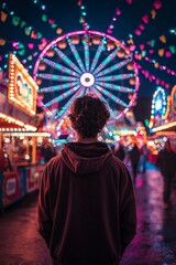 Obraz premium Person standing at a carnival at night, watching a brightly lit Ferris wheel, surrounded by colorful neon lights and festive decorations