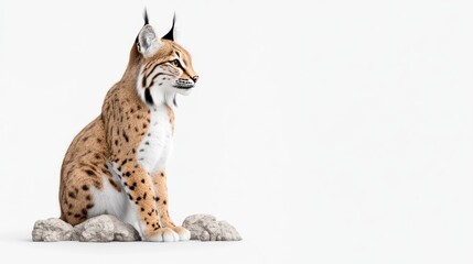 Obraz premium A lifelike lynx sitting on rocks against a white background.