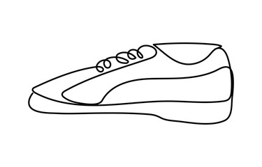 Sport shoes in continuous line art drawing style. Sneakers black linear sketch isolated on white background. Vector illustration,
