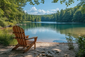 A wooden chair sits atop a sandy beach, perfect for relaxation or reading