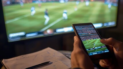 Sports bettors hands holding a smartphone displaying live betting odds, with a notepad and pen on a table