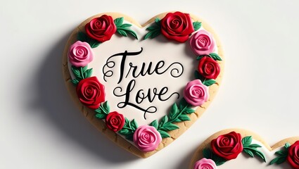 Decorative heart-shaped cookie with roses, symbolizing true love and affection.
