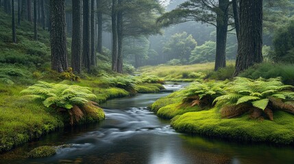 Obraz premium Serene stream flows through lush green mossy forest, misty atmosphere.