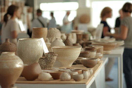 Visitors admire handcrafted pottery at an art exhibition in a modern gallery space