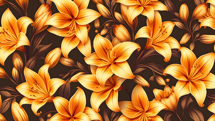 Fototapeta premium Vintage luxury seamless floral background with golden lilies flowers amaryllis. Romantic pattern template for wall decor, wallpaper, wedding invitations, ceremonies, cards. 
