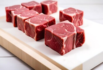 Fototapeta premium Fresh raw beef slices for goulash on wooden kitchen cutting board