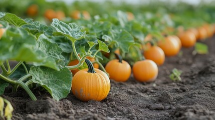 Pumpkins growing in a lush field on a rainy day in autumn