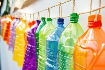 A row of plastic water bottles hung from a rope, great for illustrating environmental or waste management themes
