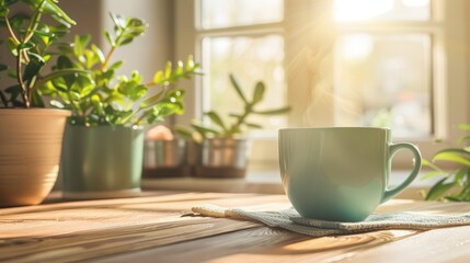 A steaming cup of coffee on a wooden table with soft sunlight streaming through the window, creating a cozy morning vibe. 