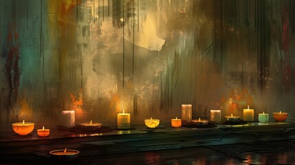 Fototapeta premium Candles illuminating a dimly lit, stylized, abstract room with textured walls.