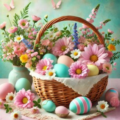 A bright spring still life with pastel Easter eggs, fresh flowers, and a wicker basket.
