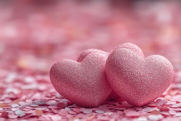 Fototapeta premium Three pink hearts surrounded by confetti, perfect for celebrating love and joy