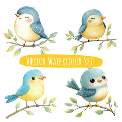 Fototapeta premium Whimsical Blue & Yellow Birds Watercolor Illustration Set
