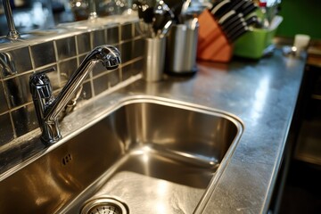A modern kitchen sink with a chrome faucet, ideal for interior design and home decor projects