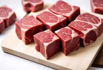 Fresh raw beef slices for goulash on wooden kitchen cutting board