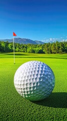 Obraz premium A golf ball on a green with a flag in the background, set against a mountainous landscape.