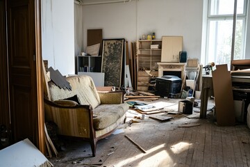 Room filled with clutter and disarray in an abandoned space during daylight hours