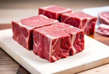 Fototapeta premium Fresh raw beef slices for goulash on wooden kitchen cutting board