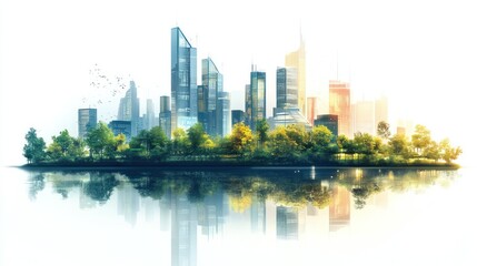 Fototapeta premium Eco-friendly city skyline reflected in water.