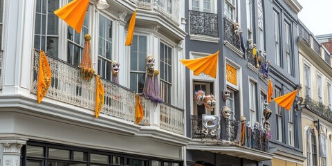 Obraz premium Colorful decorations and masks adorn buildings, celebrating a festive occasion.