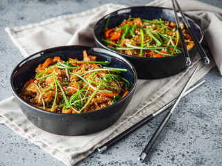 Wok Chicken with Funchoza and Vegetables, Asian Stir-Fry Delight, Tasty and Healthy Gourmet Dish