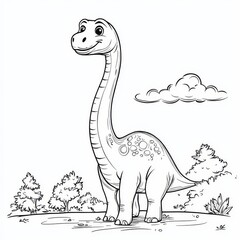 Fototapeta premium Smiling Brachiosaurus Illustration: A charming, cartoon-style brachiosaurus stands tall with a cheerful expression against a simple backdrop of clouds and trees.
