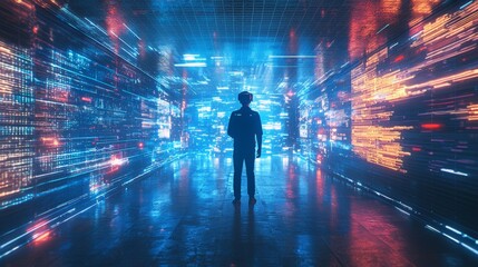 Fototapeta premium Young man wearing VR headset in a futuristic room, immersed in a virtual experience