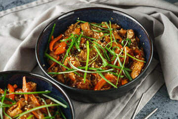 Wok Chicken with Funchoza and Vegetables, Asian Stir-Fry Delight, Tasty and Healthy Gourmet Dish