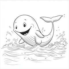 Obraz premium Happy Whale Splashing: A cartoon whale leaps playfully through the waves, its big smile and cheerful eyes conveying pure joy. The illustration is perfect for children's books, cards.