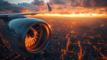 Jet engine being serviced inside a futuristic aircraft maintenance facility at night
