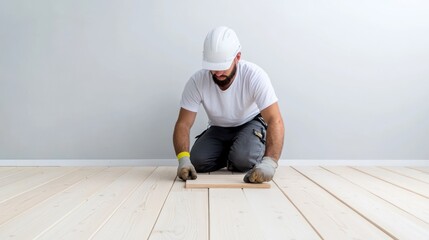 Worker installing wooden flooring in a bright indoor space.