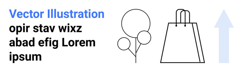 Text blocks beside simple line art of three balloons, a shopping bag, and a gradient arrow pointing upwards. Ideal for marketing, retail, eCommerce, promotions, upward trends, growth success