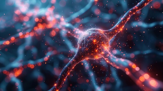 neural network with red and blue neurons connected by gray axons. Red/blue lines imply complexity. Orange sparks suggest neural activity. Dark purple backdrop highlights neural structures.