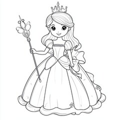Fototapeta premium Princess in a Ball Gown: A charming illustration of a princess in a full ball gown, holding a scepter adorned with a butterfly. Perfect for coloring books, children's books.