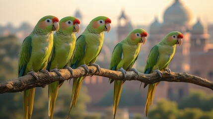 A group of green parrots perched on a branch, with vibrant plumage, set against a blurred cityscape featuring domes and towers in the background.