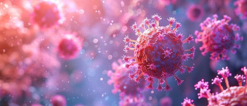 Close-up image of COVID-19 virus, spherical pink structure against dark background. Detailed, high-fidelity depiction conveys scientific examination.